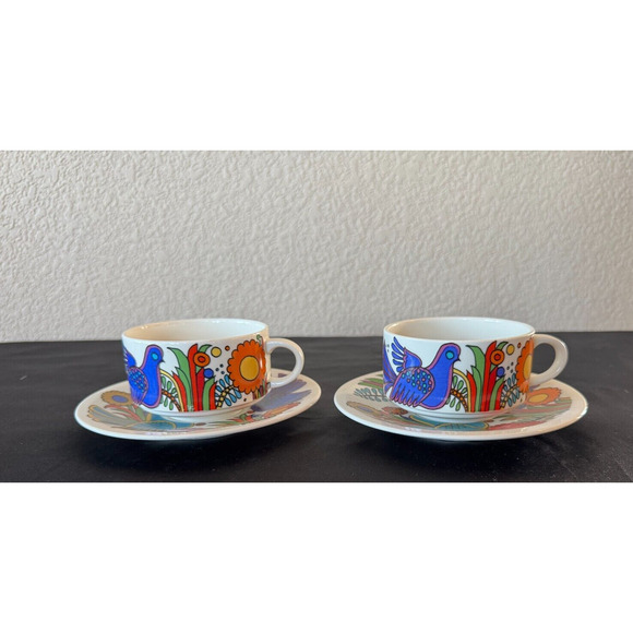 2 Villeroy & Boch ACAPULCO Soup Mugs Cups Tea Coffee w Saucers Tropical Bird - Picture 1 of 16